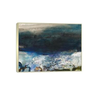 Imagem de MUHJDYC Zao Wou-ki Pintura famosa abstrata - imagem de arte em tela - arte de parede para sala de estar - reprodução de impressões (azul) moldura prata 20x25cm-8x10in