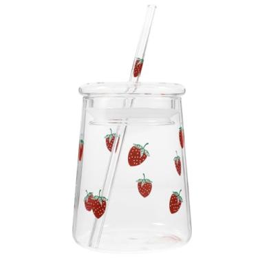 Imagem de Healifty Copos de vidro de morango com tampa canudo de vidro 600 ml garrafas de bebida fofas copo espesso copos de café gelado adorável para suco, leite, chá