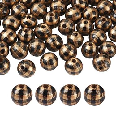 Imagem de Fashewelry 50 peças 16 mm xadrez tartan contas de madeira redondas naturais preto e dourado búfalo xadrez grande buraco espaçador de bola de madeira contas soltas 5/8 polegadas para fazer joias