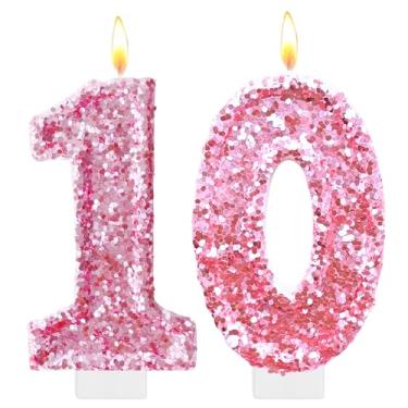 Imagem de Velas de aniversário rosa, número 10 para bolo, topo de bolo rosa com glitter, decorações de festa de aniversário de princesa, enfeite de cupcake, lembrancinhas de festa, suprimentos de decoração
