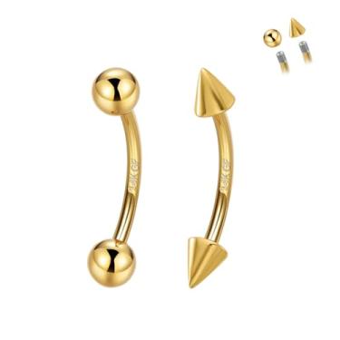 Imagem de ALACLO 2 peças de anéis de sobrancelha preenchidos com ouro 14k, joia de piercing de torre rosqueada de 16G, anel de língua de barriga labret vertical de aço cirúrgico, brinco daith, barra curvada