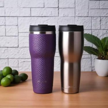 Imagem de Copo Térmico Parede Dupla em Aço Inox Roxa 500ml com Tampa Flip - Estilo Texturizado