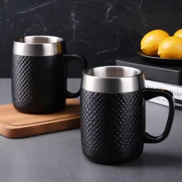 Imagem de Caneca Térmica Parede Dupla em Aço Inox Preta 900ml com Tampa Rosqueável - Estilo Texturizado
