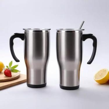 Imagem de Caneca Térmica Parede Dupla em Aço Inox Branca 650ml com Canudo - Estilo Liso