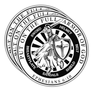 Imagem de Adesivo de vinil com 3 peças Put On The Full Armor of God – Christian Warrior Ephesians 6:10 versículo bíblico decalque de vinil à prova d'água para laptop, garrafa de água, caderno, carro, copo