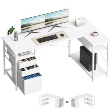 Imagem de Maihail Mesa de computador de 139,7 cm com gavetas, mesas para quartos, escrivaninha com armazenamento, mesa de trabalho para espaços pequenos, branca