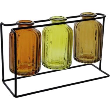 Imagem de JG 3PÇ VASO DECORATIVO ENFEITE CASA GARRAFA HOME&CO COM SUPORTE METAL VIDRO ÂMBAR