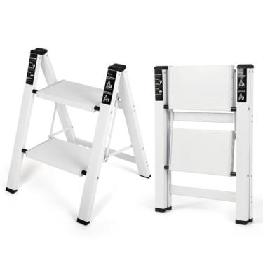 Imagem de FAHKNS Escada de 2 degraus, banqueta dobrável de alumínio com pedal antiderrapante resistente e largo, banco portátil com economia de espaço para casa e cozinha, banco de degrau para adultos, branco