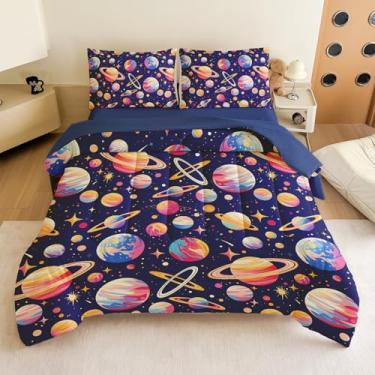 Imagem de Jogo de cama casal para meninos – Conjunto de edredom completo com 5 peças, foguete e planeta galáxia, lavável na máquina, durável – ideia de presente para quarto de meninos e meninas