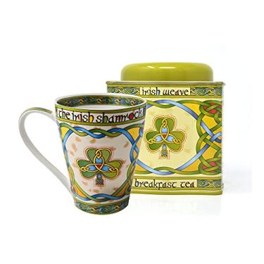 Imagem de Royal Tara Conjunto de 1 xícara de café de trevo irlandês com design de nós celtas - Caneca de chá de osso China - 385 ml e 1 novo chá de café da manhã - Lata reutilizável de trama irlandesa 50 unidades