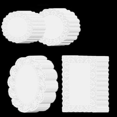 Imagem de Dcoteh Pacote com 250 guardanapos de papel de renda branca, guardanapos descartáveis redondos e retangulares para casamento, aniversário, bolos, sobremesas - jogo americano de mesa de decoração de