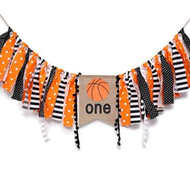 Imagem de Faixa de aniversário WAOUH para o primeiro aniversário – Bandeira de cadeira alta para decoração de tema de primeiro aniversário, 1 a 12 meses para suporte de foto, um banner, Basketball Highchair Banner