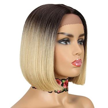 Imagem de NOBLE Perucas femininas loiras Bob em T Part HD lace frontal perucas curtas corte cego ombré bob, peruca resistente ao calor, peruca sintética realista, para festas e uso diário, 25,4 cm