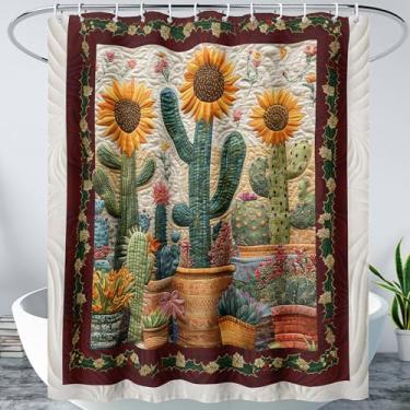 Imagem de AILONEN Cortina de chuveiro de cacto e girassol, cortina de banho floral de flor de cacto boho para meninos e meninas, decoração de banheiro com plantas botânicas vintage + ganchos de plástico