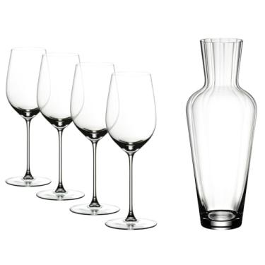 Imagem de RIEDEL Vidro de cristal Veritas Riesling e Zinfandel feito à máquina de lavar louça (pacote com 4) com decantador de mosaico (transparente)