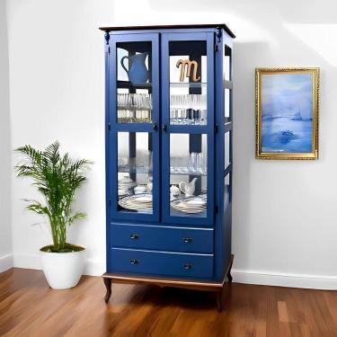 Imagem de Cristaleira De Madeira Espelho 2 Portas 3 Prateleiras 2 Gavetas Pés Luiz Xv - Azul Bic Com Tampo E Base Imbuia Glazer