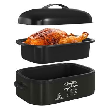 Imagem de Sunvivi Forno elétrico de 14 litros com tampa de auto-alinhamento, forno torrador de peru com bandeja e rack removíveis, aço inoxidável, preto