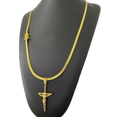 Imagem de Cordão Grumet Laminado 4Mm + Pingente Cruz - Banhado A Ouro - Tojoia18
