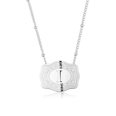 Imagem de Holylegend Colar com pingente de letra inicial banhado a ródio com fivela de cinto em relevo, colar com inicial Western Cowgirl para mulheres, compre 1 e ganhe 2 correntes, joia personalizada para
