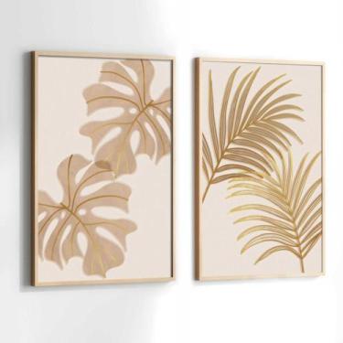 Imagem de Conjunto Quadros Decorativos com Moldura Folhas Marrom Bege Dourada Ki