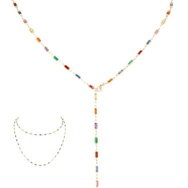 Imagem de Colares femininos Lariat em forma de Y de cristal em camadas ouro 14K cruz sol virgem maria boho hippie joias de strass, Large, Liga de aço, Sem Pedra Preciosa