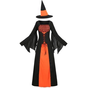 Imagem de GRAJTCIN Wicked Witch Costume for Women Gothic Sorceress Halloween Party Cosplay Dress with Hat (2XL, Black Orange)