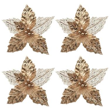 Imagem de Kit 4 Flores Bico de Papagaio Pick Natal Vazado Veludo Champanhe Luxo Glitter e Lantejoulas 22cm