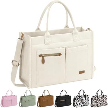Imagem de ELONGRIVER Bolsa de lona para mulheres, bolsas grandes de trabalho com compartimentos, bolsa transversal com zíper para professores, faculdade, Bege, One Size