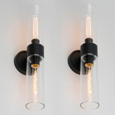 Imagem de Teqinchy Arandelas de parede modernas conjunto de dois, luz de banheiro preta com vidro transparente soprado à mão luz de arandela para banheiro quarto sala de estar corredor escada E26