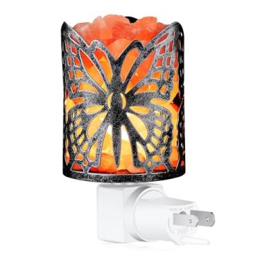 Imagem de IMY King Lâmpada de sal do Himalaia, luminária de parede natural de sal com 1 lâmpada, luz noturna de sal de rochas com cesta de metal borboleta presente (mudança de desbotamento)