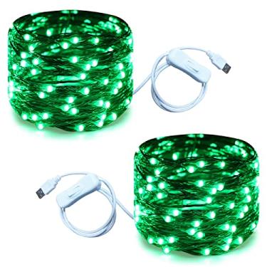 Imagem de RUICHEN Cordão de luzes USB de 20 m, 120 LED, com interruptor liga/desliga, fio de cobre à prova d'água, para quarto, parede, teto, guirlanda, Natal, Halloween, Dia de São Patrício, verde, pacote com