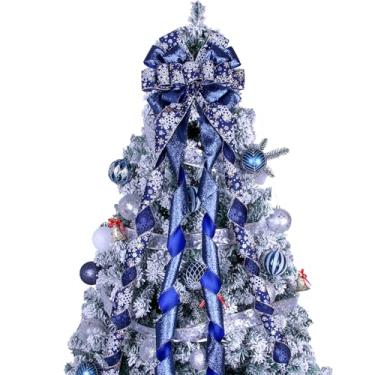 Imagem de Topper de árvore de Natal, arco de guirlanda, grande, enfeite de árvore de Natal, 132 x 33 cm, azul escuro, com estampa de floco de neve, laços de presente para Natal, férias, casa, casamento, ação de
