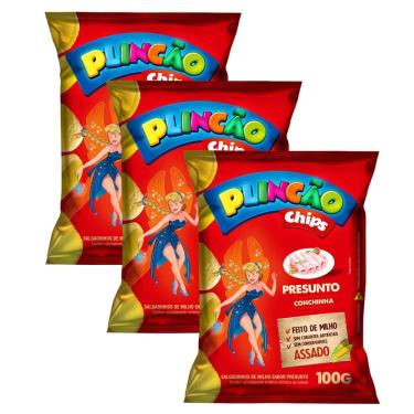 Imagem de Kit 3 Salgadinho de Milho Plincão Chips Sabor Presunto Conchinha 100g