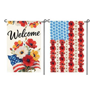 Imagem de Bandeira patriótica de jardim de boas-vindas, bandeira americana dupla face com papoulas e miosotis, 30 x 45 cm, decoração do Memorial Day, conjunto de 2