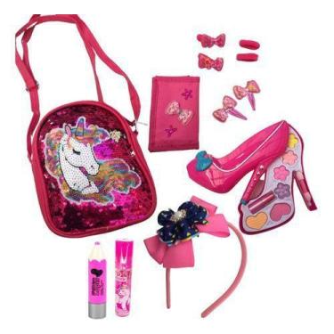 Imagem de Kit Maquiagem Infantil c/ mochila unicórnio Gloss Brilho tiara e presi