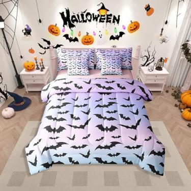 Imagem de Erosebridal Conjunto de edredom temático de Halloween, cama de morcegos pretos em uma bolsa, tamanho Queen, 7 peças, rosa, ombré, gótico, animal, gradiente, colorido, para meninas, doces ou