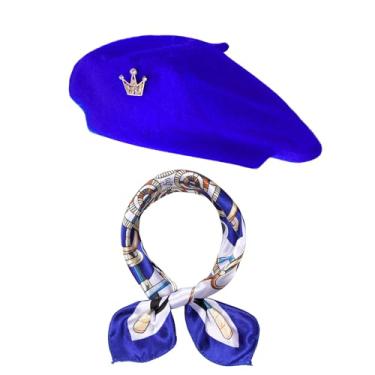Imagem de choyaxo Conjunto de 3 acessórios de boina francesa, incluindo boina, cachecol, coroa para mulheres, festa temática francesa, Azul, Standard