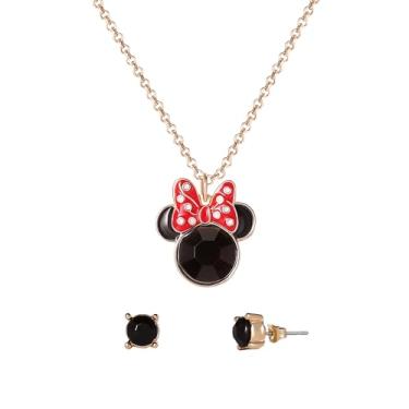 Imagem de Disney Conjunto de joias Minnie Mouse Licença oficial, colar com pingente dourado e esmaltado e brincos combinando, Fantasia, Cristal