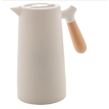 Imagem de Garrafa Térmica em Plástico 1L com Cabo em Madeira – Design Elegante, Conserva Café, Chá e Bebidas Quentes ou Frias (Branca)