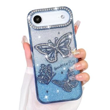 Imagem de Bonoma Capa com glitter para Plus, linda capa com estampa de borboleta 3D, proteção para câmera, capa traseira macia e brilhante para mulheres e meninas, azul