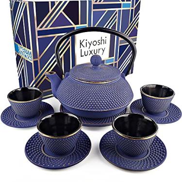 Imagem de KIYOSHI Luxury Conjunto de chá japonês com 11 peças "azul e dourado", bule de chá de ferro fundido 737 g com 4 xícaras de chá (59 g cada), 4 pires, infusor de chá de folha e tripé. Acessórios Matcha cerimonial
