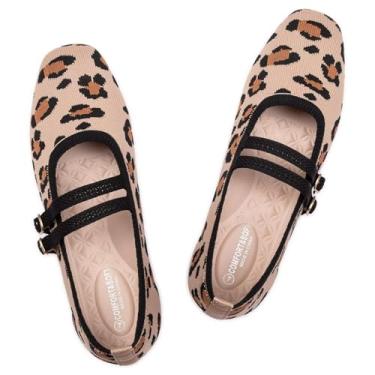 Imagem de Frank Mully Sapatilhas femininas de bico quadrado Mary Jane Sapatilhas de balé com alça confortável, sem cadarço, de malha, elegante, casual, Leopardo, bege, 41