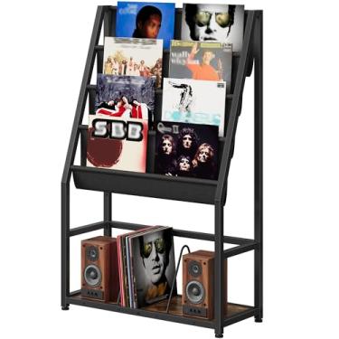Imagem de CHOEZON Suporte para toca-discos de 5 camadas com slots de tecido Oxford, suporte de armazenamento de discos de vinil com prateleira de exibição de 4 camadas, organizador de discos de vinil, para