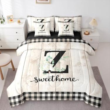 Imagem de Erosebridal Conjunto de edredom com letras personalizadas, 7 peças, solteiro, com letra Z, para crianças e adultos, branco, floral, lençol com estampa de alfabeto preto (Z)