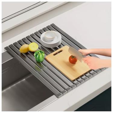 Imagem de EHERDM Escorredor de louça enrolado sobre a pia de alumínio rolável para balcão de pia escorredor de pratos atualizado tábua de corte multifuncional para cozinha 45 x 30 cm