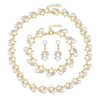 Imagem de Conjunto Colar Brinco Pulseira Dourado Zircônia Cúbica Pérola - Casamento Festa Formatura Debutante - Presente Noiva Madrinha Mãe Namorada Amiga - Réveillon Ano Novo