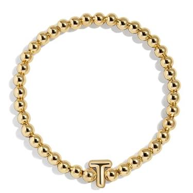 Imagem de BaubleBar Pulseira personalizada inicial Pisa, contas modernas banhadas a ouro, joias modernas, pulseira popular com letras iniciais, ajuste elástico para crianças e adultos, One Size, Latão, Sem