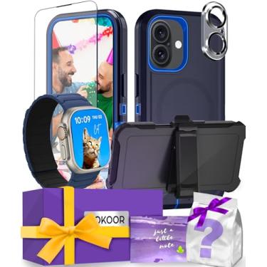 Imagem de AOKOOR Kit inteligente compatível com iPhone e pulseira para Apple Watch (clipe robusto compatível com MagSafe, capa azul marinho + pulseira azul/preta, para iPhone 16 Pro)