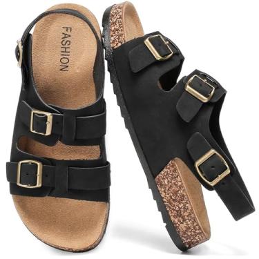 Imagem de Sandálias de cortiça com tira traseira fivela dupla palmilha tamancos sandálias femininas e masculinas confortáveis ajustáveis tira no tornozelo sandália plana elegante bico aberto mules casual