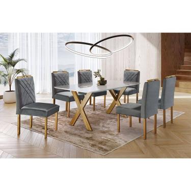 Imagem de Conjunto Sala de Jantar 6 Lugares Mesa Munique Tampo com Vidro e Cadeiras Madeira Maciça Imperial Móveis Mundial